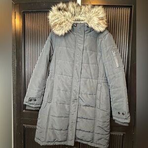 Lucky brand winter coat parka anorak faux fur womens size large black